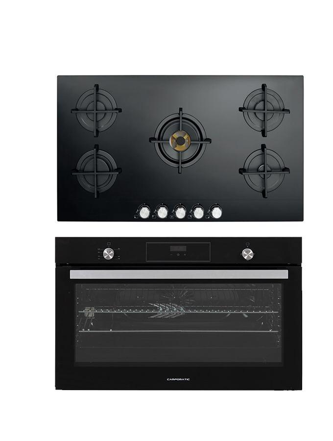 Campomatic Built-in Bundle | 90cm Oven Gas+Top With Brass Burners Black Glass